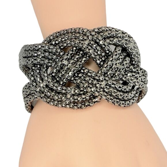Gunmetal Wide Cuff Bracelet 7” Love Knot Ball Chain Gorpcore Braided Twist - Picture 1 of 10